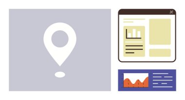 Analitik gösterge panelinin, çizgi grafiğinin ve çizgi grafiğinin yanındaki lokasyon iğnesi. Haritalar, analitik, istatistik, raporlar, iş planlama ve navigasyon için ideal. Basit düz metafor