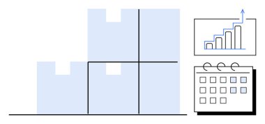 Envanter yönetimi ve lojistiğe işaret eden istiflenmiş kutular, büyümeyi gösteren bir bar çizelgesi ve planı simgeleyen bir takvim. Tedarik zinciri, lojistik ve takvim için ideal