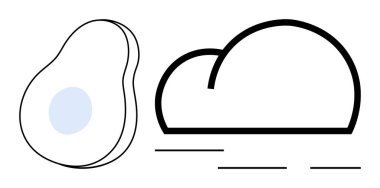 Tarzlı bir bulutun yanında mavi çekirdekli soyut avokado dilimi. Yaratıcılık, üretkenlik, çevre, sürdürülebilirlik, sağlık, gıda, veri kavramları için idealdir. Temiz ve basit düz metafor