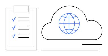 Küresel bir bulutun yanında tamamlanmış üç görev içeren dijital kontrol listesi. Üretkenlik, bulut teknolojisi, küresel ulaşım, veri yönetimi, organizasyon, uzaktan çalışma, basit düz metafor