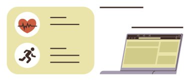 Kalp atışı ve simgeleri, bir dizüstü bilgisayarın yanında gösterilen bir sağlık veri kartının yanında çalışıyor. Sağlık, sağlık, fitness, çevrimiçi araçlar, dijital sağlık, kendi kendini izleme, tıbbi