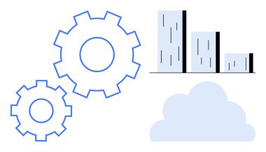 Dişliler işlem otomasyonunu sembolize eder, veri görselleştirmesi için çubuk grafiği, bulut depolama veya bilgisayarı temsil eder. Teknoloji, analitik, otomasyon, yenilik, iş akışı, ilerleme için ideal