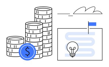 İçinde para sembolü olan bozuk paralar stratejik yol içinde yenilik ampulleri ve ilerleme bayrağı. Finans, yatırım, yenilik, strateji, iş planlaması, hedef belirleme başarısı için ideal