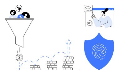 Huni filtreleme para, biriken paralar, çevrimiçi öğrenme yapan kişi, kalkanda parmak izi. Pazarlama, satış, e-öğrenme, veri güvenliği, büyüme mahremiyeti kavramı için ideal
