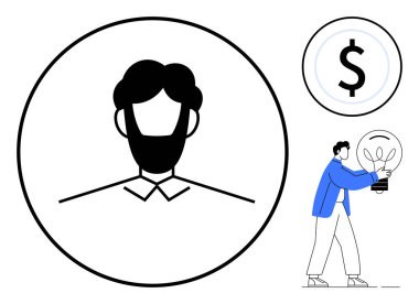 Çemberde profesyonel avatar, dolar simgesi, elinde ampul tutan kişi. Girişimcilik, yenilik, finans, yaratıcı düşünce, iş stratejisi, kişisel markalaşma için ideal düz metafor