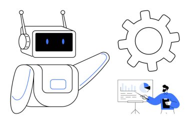 Bir vites simgesinin yanında el kol hareketi yapan robot ve beyaz tahtada analitiği açıklayan bir adam. Teknoloji, yapay zeka, otomasyon, veri analizi, takım çalışması, yenilik, eğitim temaları için ideal. Basit düz metafor