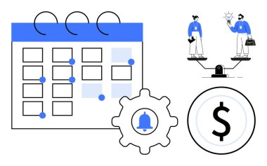 İşaretli tarihli takvim, bildirim simgesi olan ekipman, dolar işareti bozuk para ve ampul fikirlerini dengeleyen iki iş adamı. Planlama, üretkenlik, hedefler ve karar verme için ideal