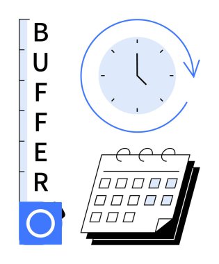 Dikey tampon göstergesi, zamanı sembolize eden dairesel oklu mavi saat ve açık takvim. Zaman planlama, verimlilik, verimlilik, görev çizelgesi, zaman tahsisi, proje yönetimi için ideal