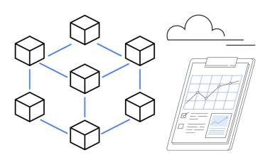 Bir panonun yanında analitik verileri sembolize eden bağlı küplerden oluşan bir ağ. Teknoloji, engelleme zinciri, veri yönetimi, analitik, ademi merkeziyet, iş için ideal