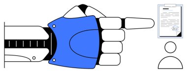 Robot kol, imzalı belge ve insan profilini işaret ediyor. Yapay zeka, otomasyon, gelecekteki teknoloji, işe alım, dijital dönüşüm, karar verme ve yenilik için ideal. Basit düz metafor