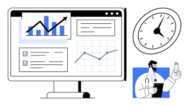 Masaüstü ekranındaki çizelgeler ve grafikler zamanı sembolize eden saat, pano ve şişe taşıyan doktor. Analiz, sağlık, teknoloji, üretkenlik, zaman yönetimi, tıbbi araştırma için ideal