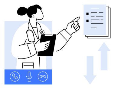 Tıbbi uzmanlar, iletişim için arayüz unsurları arasında bir pano tutan belgelere işaret ediyor. Teletıp, sağlık, danışma, iletişim teknolojisi ve belge paylaşımı için ideal