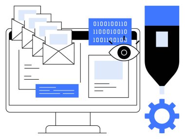 E-posta, ikili kod, büyüteç, kalem ve teçhizatlı dijital çalışma alanı. İletişim, siber güvenlik, teknoloji programlama veri analizi iş akışı eğitimi için idealdir. Basit düz