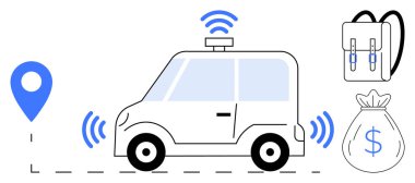 Radar dalgaları, lokasyon iğnesi, sırt çantası ve teknolojiyi, navigasyonu, güvenliği, iş yerini, seyahat finansmanını ve yeniliği vurgulayan para çantasına sahip otonom bir araba. Akıllı hareketlilik için ideal basit düz