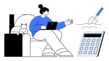 Yanında kedi dinlenirken dizüstü bilgisayarlı bir kadın oturuyor. Bahçe aletleri ve hesap makinesi çoklu görev, bütçe ve planlamayı sembolize eder. Uzak çalışma, finans, yaşam tarzı ve denge için ideal