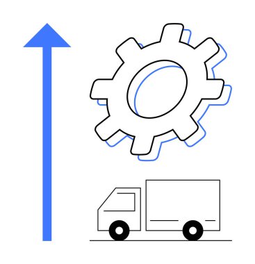 Dağıtım kamyonunun üstündeki büyük teçhizat yukarı doğru ok, yeniliği, lojistiği, ilerlemeyi ve optimizasyonu sembolize ediyor. İş, büyüme, lojistik, verimlilik arz zinciri geliştirme için ideal