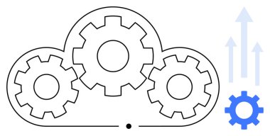 Bulut şekli, çarklarla birleşerek süreç otomasyonunu ve bağlantıyı sembolize eder. Yukarıdaki oklar ilerlemeyi ve ölçeklenebilirliği gösteriyor. Teknoloji, yenilik, iş büyümesi, sistemler için ideal