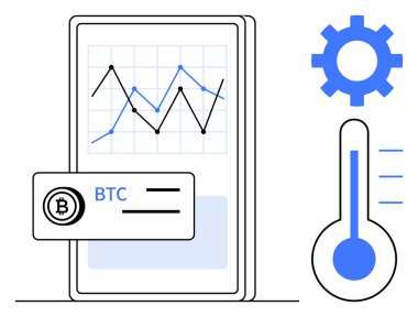 Akıllı telefon kripto para birimi grafiği ve Bitcoin kartı izleme, analitik, izleme, mali yönetim, planlama, strateji, fintech sezgiler için termometre ve teçhizatlı. Basit düz