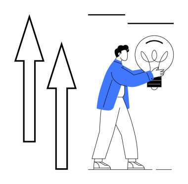 Elinde büyümeyi, ilerlemeyi ve gelişmeyi temsil eden yukarı doğru oklarla birlikte yaratıcılığı ve fikirleri sembolize eden bir ampul tutan kişi. Yenilik için ideal, başarı, hırs, liderlik