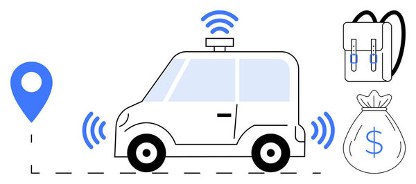 Автономный автомобиль с радиолокационными волнами, значок местоположения, рюкзак, и денежная сумка подчеркивая технологии, навигация, безопасность, бизнес, путешествия финансов и инноваций. Идеально подходит для умной подвижности простой квартиры