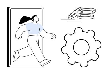 Kadın teknoloji ile bağlantıyı simgeleyen akıllı telefondan çıkıyor, madeni paralar dijital ekonomiyi gösteriyor, teçhizat işlevselliği veya yeniliği temsil ediyor. İlerleme, teknoloji, ekonomi ve otomasyon için ideal