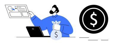 Ekranda mali verileri analiz eden, para çantasını büyük dolar işaretinin yanında tutan adam. Finans, yatırım, iş stratejisi, bütçe, tasarruf, muhasebe, ekonomik büyüme için ideal