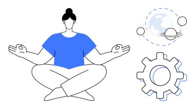 Nilüfer çiçeğinde meditasyon yapan kişi, denge, uyum ve bütünleşmeyi temsil eden gezegen yörüngeleri ve teçhizatlarla poz verir. Farkındalık, öz bakım, üretkenlik, yaratıcılık, yenilik, refah odaklanma için ideal