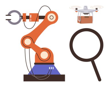 Kablolu robot kolu, teslimat kuadkopteri paketi, keşif ve yeniliği sembolize eden büyüteç. Otomasyon, lojistik, araştırma, modern endüstri ve gelecekteki teknoloji için ideal