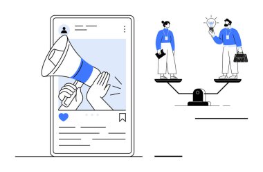 Akıllı telefon ekranının içindeki megafon iletişimi ön plana çıkarırken, iki dengeli figür eşitliği ve işbirliğini simgeliyor. Takım çalışması, pazarlama, iletişim, dijital ortam ve eşitlik için ideal