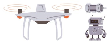 Havada dönen bıçaklarla desteklenen kuadkopter gelişmiş özelliklere sahip insanımsı robot ve elektrikli motor. Teknoloji, otomasyon, yapay zeka, yenilik, mekanik ve mühendislik için ideal