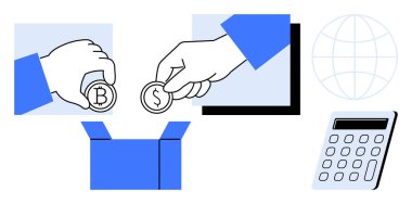 Elleri kripto para ve dolar paralarını hesap makinesi ve küreyle birlikte bir kutuya koyuyor. Finans, yatırım, kripto para birimi, kitle fonlama, küresel işlemler, tasarruf, bütçe