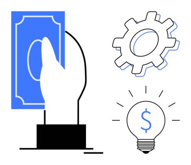 El ele tutuşan para, vites ya da endüstriyi sembolize eden dişli yenilik için dolar işareti olan ampul. İş, finans, yaratıcılık, yenilik, strateji, girişimcilik ve ekonomi için ideal