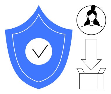 Güvenliği simgeleyen işaretli mavi kalkan, kimlik için kullanıcı avatarı, indirme veya depolama için açık kutuyu gösteren ok. Güvenlik, kimlik, teknoloji, kullanıcı verisi, güvenlik, indirme için ideal