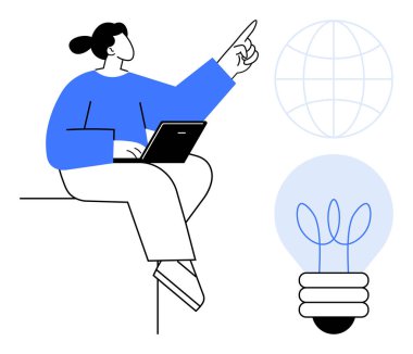 Dizüstü bilgisayarlı bir kadın, küresel düşünce, teknoloji ve enerji kavramına doğru bakıyor. Yaratıcılık, eğitim, takım çalışması, yenilik, araştırma küresel ilerleme için idealdir.