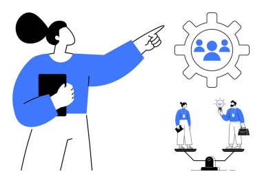 Takım ikonuyla vitese bakan kadın, fikirleri ve işi dengeleyen iki birey. Takım çalışması, liderlik, iletişim, işbirliği, karar verme, eşitlik için ideal. Basit düz metafor