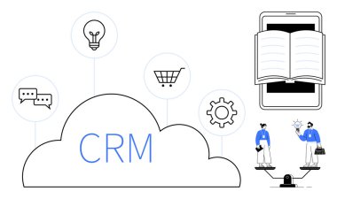 CRM işaretli bulut iletişimi, fikirleri, alışverişi ve ayar simgelerini birbirine bağlar. Cep telefonu hakkındaki açık kitap bilgiyi temsil eder. İş adamları öncelikleri dengeler. Pazarlama, iş ve takım çalışması için ideal CRM