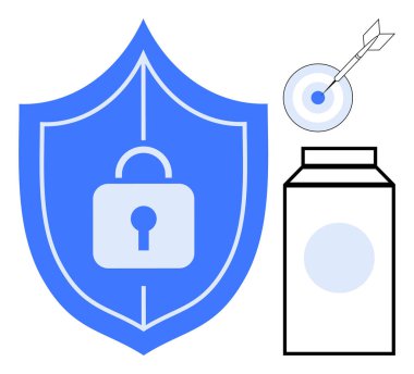 Kilitlenmiş kalkan, oklu hedef ve güvenlik, koruma, hassasiyet, veri gizliliği, güvenilirlik, siber güvenlik ve basit bir dairede odaklanmış başarıyı sembolize eden minimal dikdörtgen şekil.