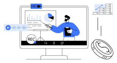 Sunucu video konferans yoluyla veri ve analizler üzerine sanal bir sunum yapıyor. Grafikler, ses araçları, kayıt seçenekleri ve para birimi paralarını içerir. İş, eğitim ve pazarlama için ideal