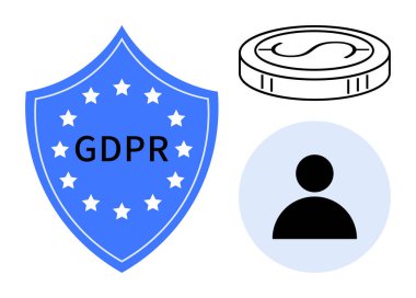 GDPR metni olan mavi kalkan, daire içindeki kullanıcı profili simgesi ve veri korumasını vurgulayan para, gizlilik hakları. Uyum, güvenlik, yönetmelik, şeffaflık, rıza dijital etiği için ideal