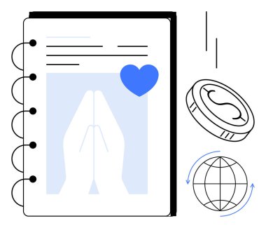 Dua eden elleri ve kalp ikonu olan defter, hayır, bağış, küresel yardım, inanç, maneviyat, kar amacı gütmeyen destek ve insan şefkatini vurgulayan oklu dünya ve para. Basit düz metafor