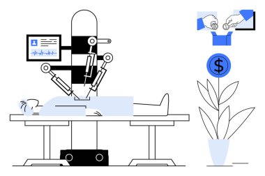 Tıbbi monitörü, mavi madeni parası ve finansal temsili olan hastaya gelişmiş robotik kol ameliyatı. Sağlık, teknoloji, cerrahi, yenilik, ekonomi ve maliyet için ideal