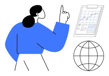 Çizelge ve istatistiklerle dolu bir panoya doğru hareket eden bir kadın, küre ile eşleştirilmiş. İş analizi, veri güdümlü karar verme, küresel strateji, araştırma, büyüme planlaması, eğitim için ideal
