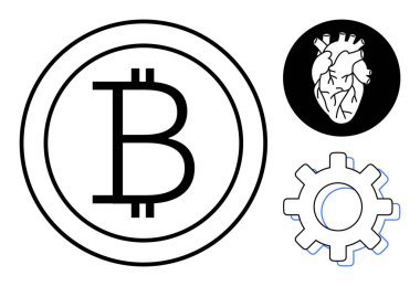 Çemberdeki Bitcoin sembolü, insan kalbi ve dişli dişli dişli çarkı finansal teknoloji, sağlık ve ilerlemeyi temsil ediyor. Engelleme zinciri için ideal, tıp, mühendislik, yenilik finans teknolojisi basit