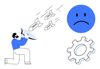 Bireysel savunma kalkanla gelen DDoS saldırılarına karşı. Üzgün yüz bozulmayı gösterir ve teçhizat sistemin savunmasızlığını gösterir. Siber güvenlik, koruma, bilişim sorunları, risk ve önleme için ideal