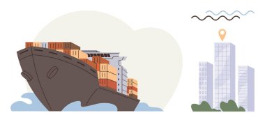 Okyanus dalgaları üzerinde konteynırlar taşıyan büyük bir kargo gemisi şehir binalarının yakınına doğru yaklaşırken konum iğnesiyle işaretlenmiş. Ticaret, lojistik, taşımacılık, ithalat, ihracat, ticaret için ideal