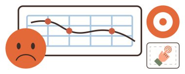 Bir grafiğin yanında üzgün yüz aşağı doğru eğri, dairesel hedef tasarımı ve parmak vuruşu ikonunu gösteriyor. İş kayıpları, başarısızlık, geri bildirim, analitik, hayal kırıklığı kullanılabilirlik veri trendleri için idealdir. Basit.