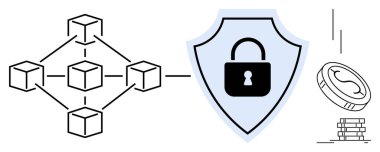 Birbirine bağlı blok zinciri küpleri, asma kilitli kalkan ve yığınla para dijital güvenlik ve finansmanı vurguluyor. Fintech, siber güvenlik, engelleme zinciri, dijital ödeme, kripto para birimi, jeton