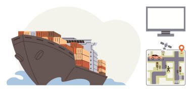 Kargo gemisi konteynırlarla dolu, dijital izleme ekranı, teslimat rotalarını gösteren GPS haritası. Lojistik, ulaşım, küresel taşımacılık, teknoloji, bağlantı ve ihracat için ideal