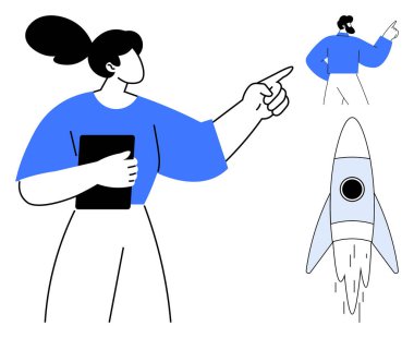 Kendinden emin kadın tableti tutuyor, ileri işaret ediyor, adam yol gösteriyor ve roket yukarı doğru fırlatılıyor. Liderlik için ideal, takım çalışması, yenilik, büyüme süreci vizyonu başlatır. Basit bir daire.