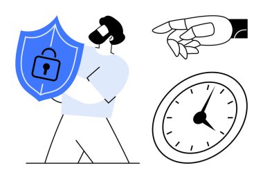 Korunmak için kalkanı tutan adam, robotik el hareketi yeniliği ve zamanı gösteren saat. Siber güvenlik, teknoloji, verimlilik, koruma, yenilik, zaman yönetimi için ideal